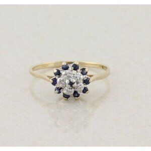 10k Yellow Gold Natural Blue Sapphire & Diamond Flower Ring Size 6 3/4